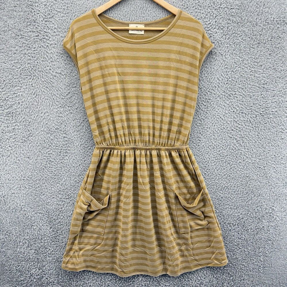 Betsey's Boutique Shop Dress Size L Yellow Striped Jersey Sleeveless Pockets